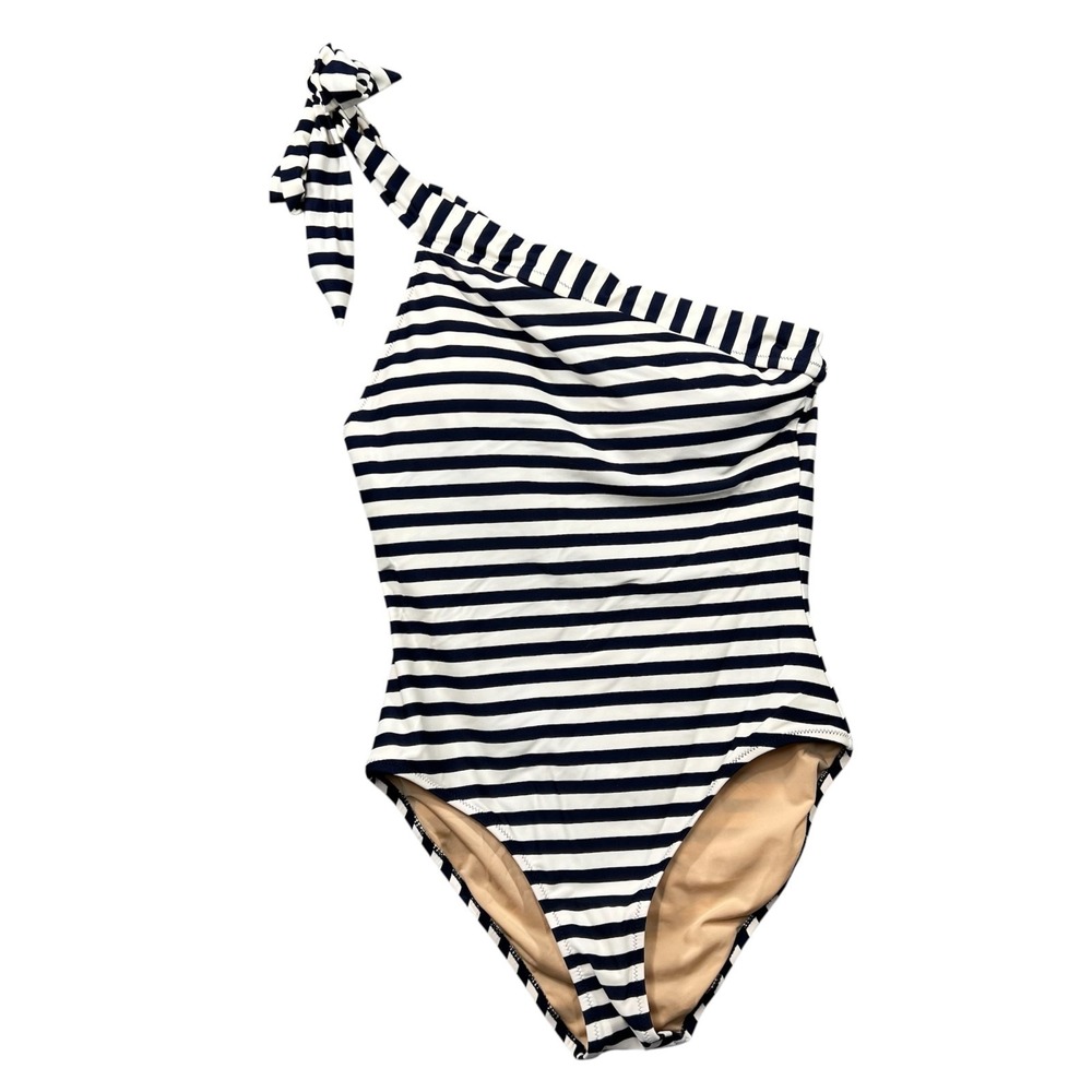J Crew Swimsuit Womens Size 6 One Shoulder Navy Ivory Striped Coastal Nautical
